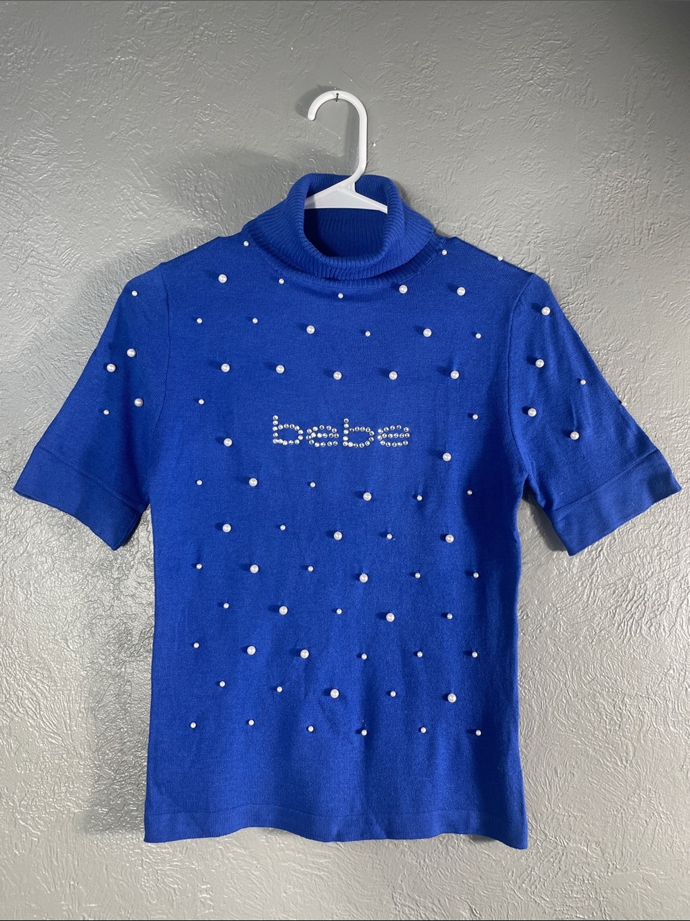 bebe Sweater Womens M Blue Rhinestone Logo Turtleneck Short Sleeve Y2K Bling